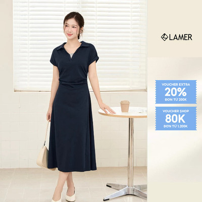 Đầm Dáng Suông LAMER FASHION Công Sở Vai Chờm Cổ Bẻ Nhún Eo O63T26H028