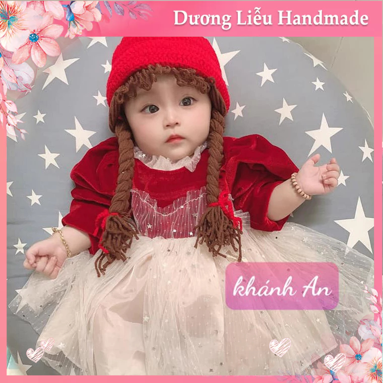 Nón len handmade có 2 bím tóc dài kiểu vành lật - Dương liễu handmade