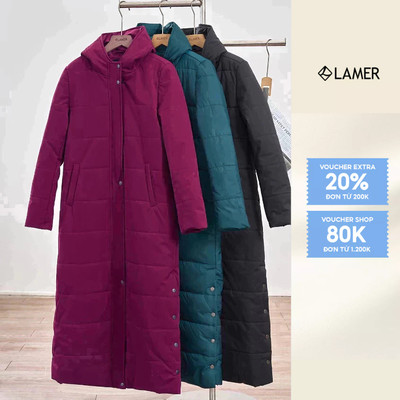 Áo Phao Dáng Dài Suông LAMER Áo Phao 3 Lớp Có Mũ, Khóa Kéo Siêu Ấm L65P24T010