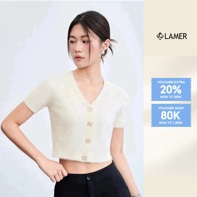 Áo len nữ VIEN TTRAN lông cổ tim ngắn tay V61W23Q029