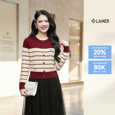 Áo Len Cardigan Cổ Tròn Dài Tay Áo Len Kẻ Sọc Thêu Ngực VIEN TRAN V65C25T003