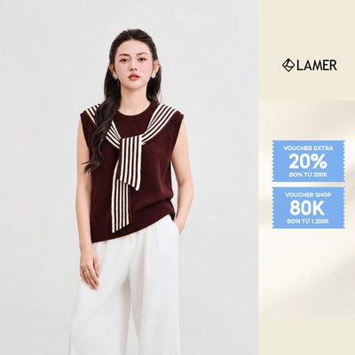 Áo Len Gile Nữ Phối Khăn Liền Kẻ Áo Len Sát Nách Dáng Suông N61W25Q040