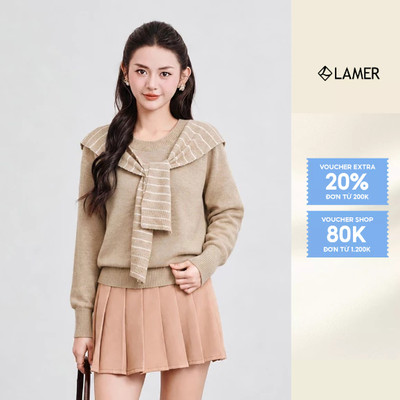 Áo Len Nữ LAMER Cổ Tròn Dáng Suông Áo Len Phối Khăn Kẻ Sọc Tháo Rời N61W25T023