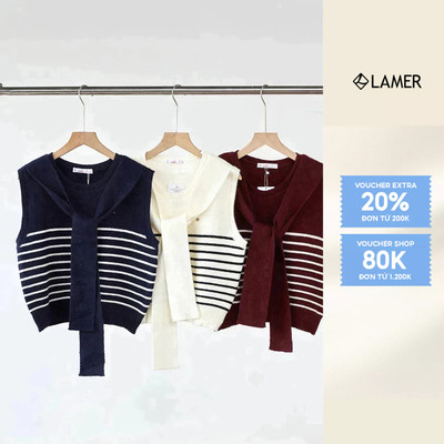 Áo Len Gile Phối Khăn Liền Dáng Suông Áo Len Nữ Không Tay Kẻ Sọc LAMER O61W25Q021