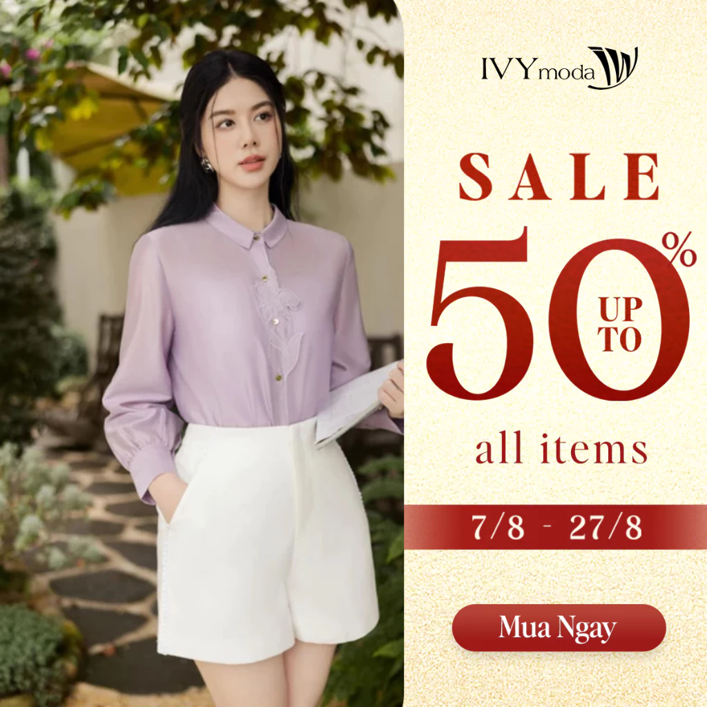 Áo sơ mi lụa đính hoa , Áo cổ đức dáng suông công sở nữ IVY moda MS 17M8554