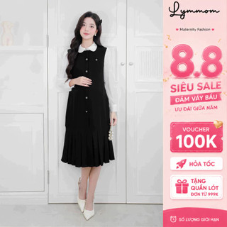 Lymmom - Đầm Bầu Sang Chảnh Dáng Dài Tay Bồng, Đầm Bầu Đi Tiệc Cổ Phối Tiểu Thư Trang Trọng VB200
