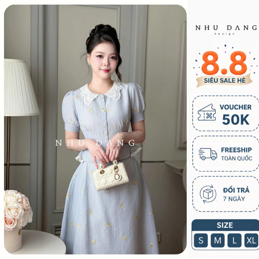 Set Celine Set áo cổ ren tay phồng phối chân váy xòe hoa nhí thanh lịch thời trang nữ NHƯ ĐẶNG DESIG