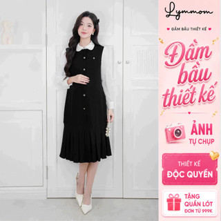 Lymmom - Đầm Bầu Sang Chảnh Dáng Dài Tay Bồng, Đầm Bầu Đi Tiệc Cổ Phối Tiểu Thư Trang Trọng VB200