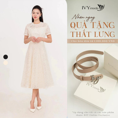 Đầm ren đính hoa ren cổ tròn, Đầm dáng xòe công sở dạo phố dự tiệc nữ IVY moda MS 48T0273