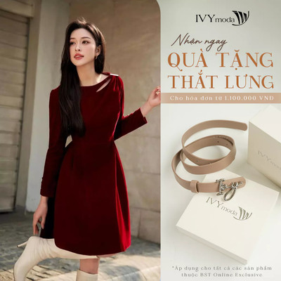 Đầm nhung đỏ dáng A xếp lệch vai độc đáo, Đầm dạo phố nữ IVY moda MS 48T0291