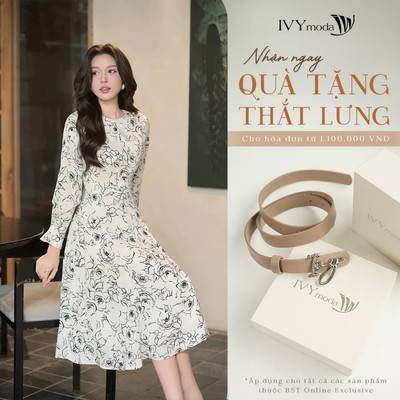 Đầm lụa tay dài họa tiết cổ tròn, Đầm dáng midi công sở dạo phố nữ IVY moda MS 48T0286