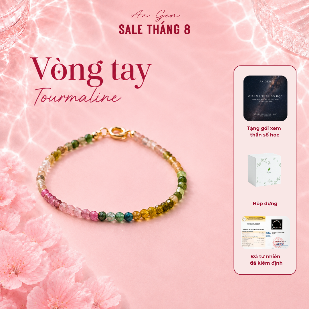 Lắc tay tourmaline đa sắc An Gem, vòng tay charm móc khóa freesize