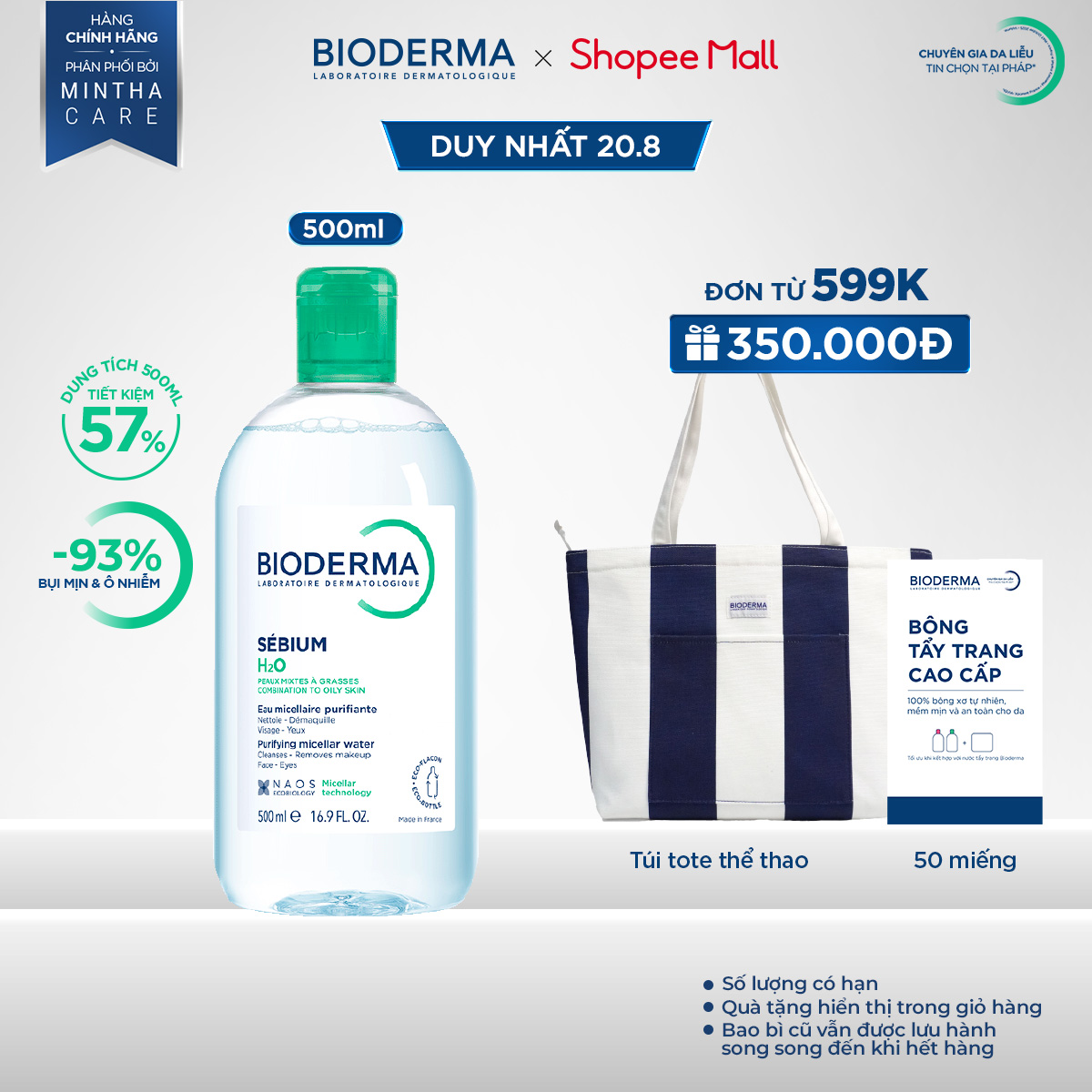 Dung dịch làm sạch và tẩy trang công nghệ Micellar cho da hỗn hợp, da dầu, và da mụn Bioderma Sebium