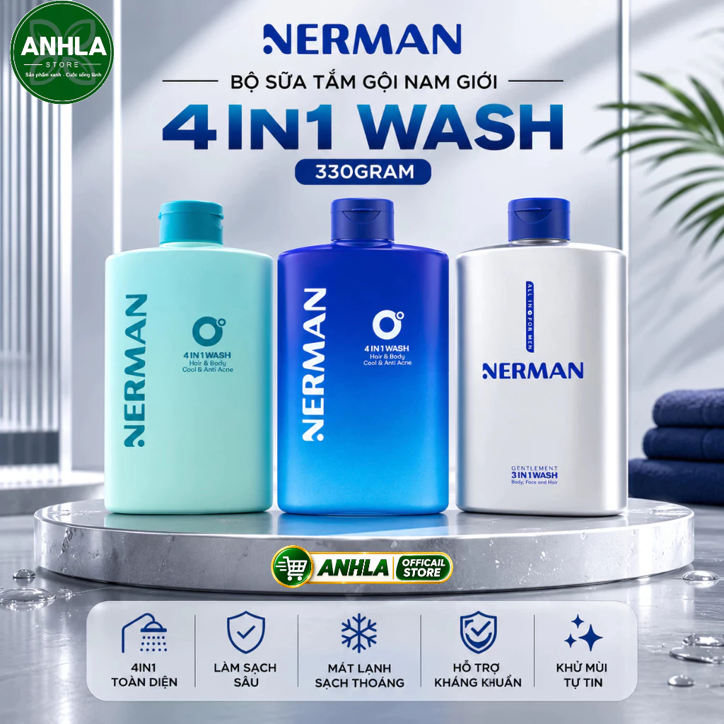 NERMAN - Bộ Sữa Tắm Gội Nam Giới Nerman 4in1 330gram Mát Lạnh Sảng Khoái, Hương Nước Hoa