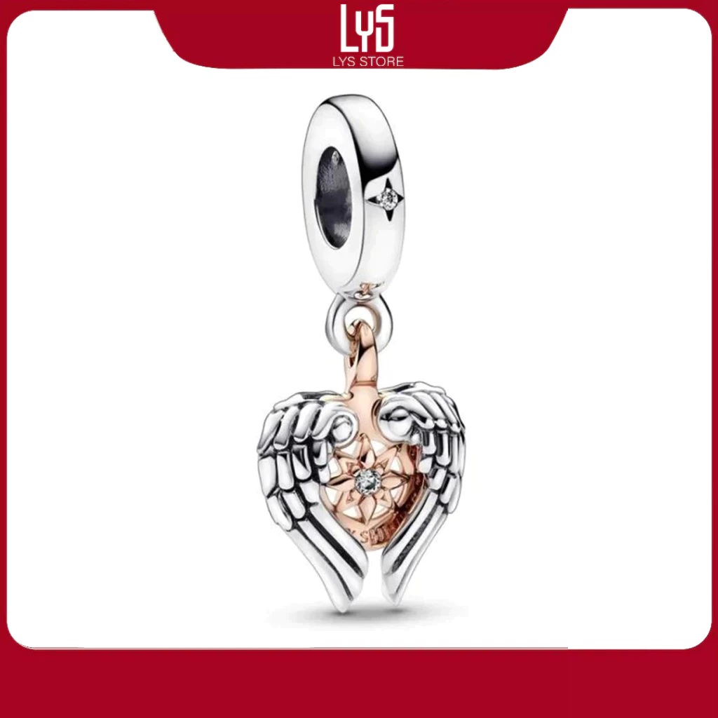 Charm bạc Celestial Compass Angel Wings Dangle Charm trái tim có cánh 1186 - Bạc S925