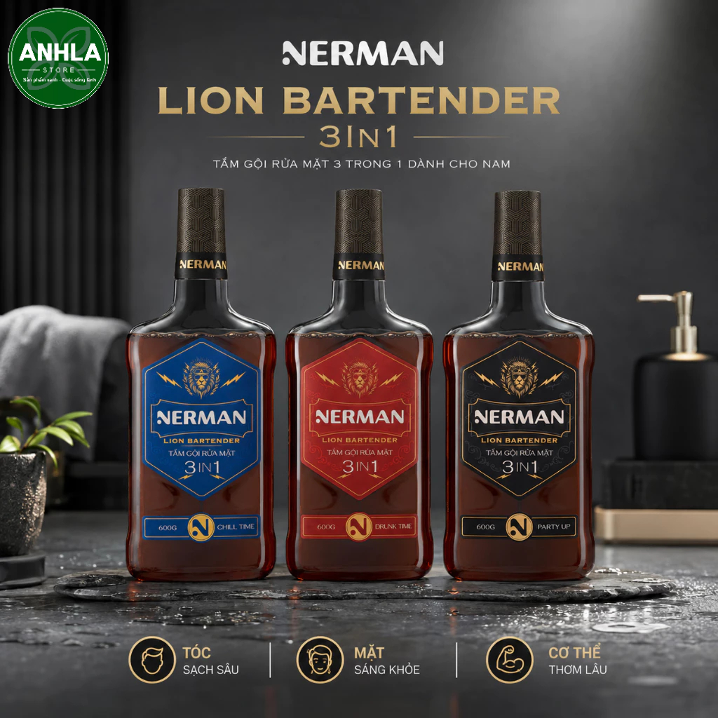 NERMAN Bộ Sữa Tắm Gội Nam 3in1 Nerman Lion Bartender 600gram