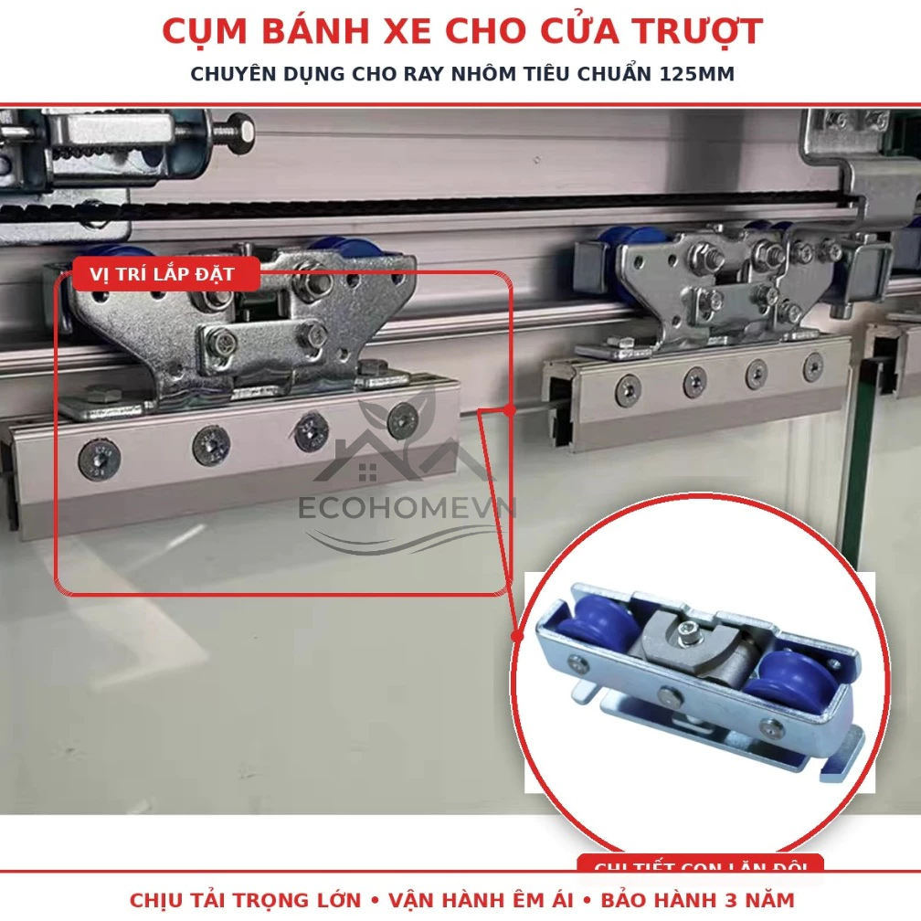 Bánh Xe Treo Cửa Tự Động Ray 125mm Bản Móc Mở Con Lăn Đôi Siêu Êm Bền Chịu Tải Kèm Khung Gá Nâng Cửa