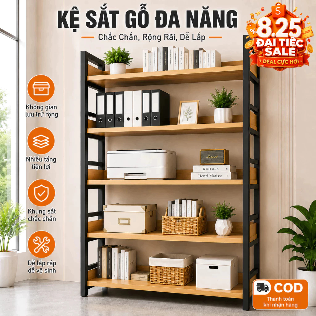 Bali Kệ Sách Kệ Để Đồ Nhiều Tầng Khung Sắt MDF Có Rào Chắn Cho Phòng Khách Văn Phòng