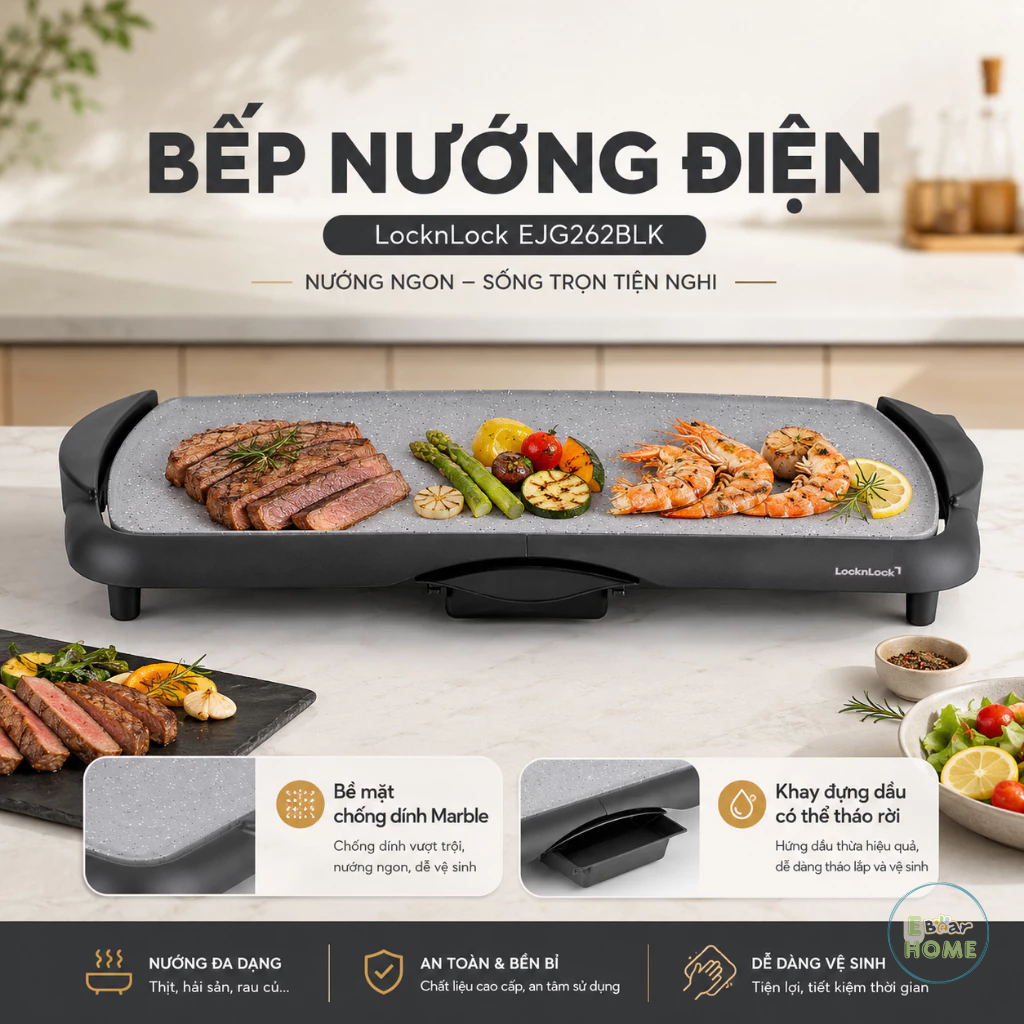 Bếp nướng điện LocknLock EJG262BLK mặt bếp rộng, nướng nhanh, chín đều Bảo hành chính hãng 24 tháng