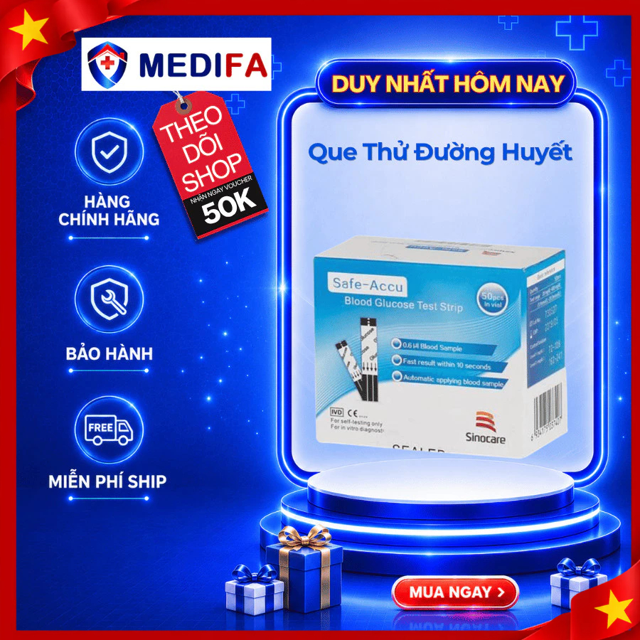 Hộp 50 Que Thử Đường Huyết Safe Accu Dùng Cho Máy Đo Đường Huyết Sinocare Safe Accu, Hàng Chính Hãng