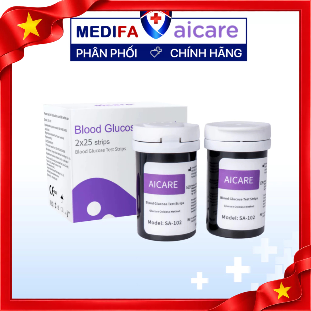 Hộp 50 Que Thử Đường Huyết AiCare SA102 Và 50 Kim Lấy Máu Dùng Cho Máy Đo Đường Huyết AiCare A608 và