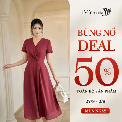 Đầm midi dáng xòe cổ chữ V, đầm nữ công sở tôn dáng IVY moda MS 48B0775