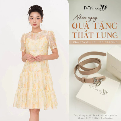 Đầm Tencel hoa vàng pastel dáng chữ A cổ điển, Đầm công sở dạo phố nữ IVY moda MS 48T0270