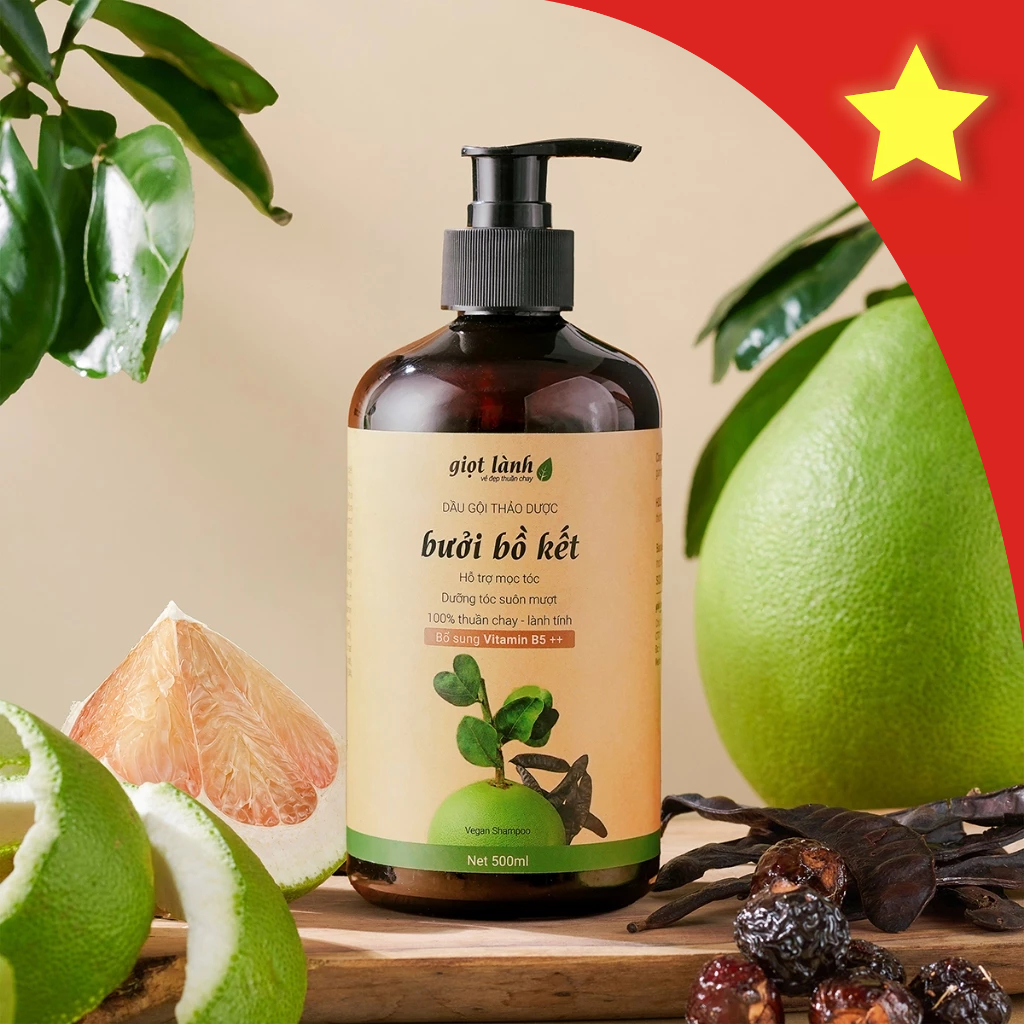 Dầu gội bồ kết - bưởi, dầu gội thảo dược thuần chay hỗ trợ kích mọc tóc Giọt Lành 500ml