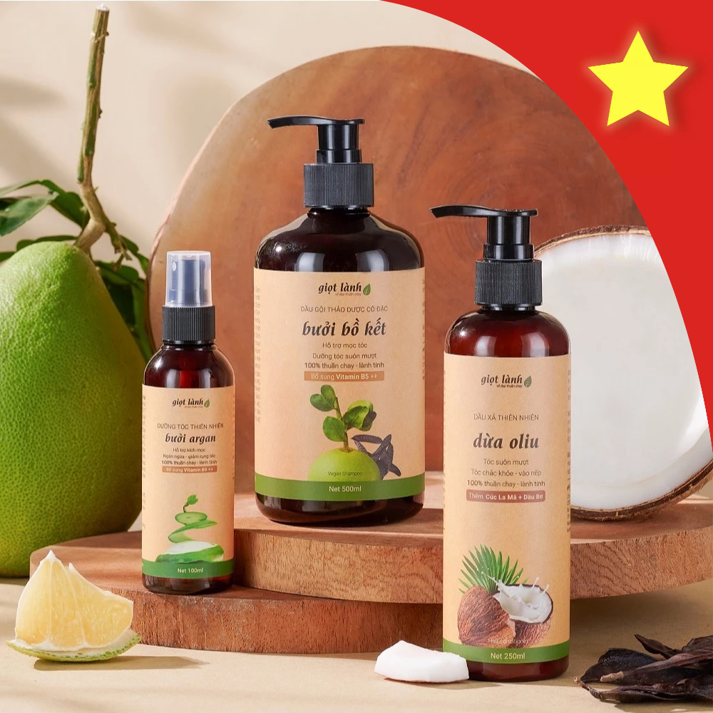 [Bộ 3 Gội Xả Dưỡng] Combo thảo dược Bưởi - Bồ kết, hỗ trợ kích mọc tóc, giảm gãy rụng Giọt Lành