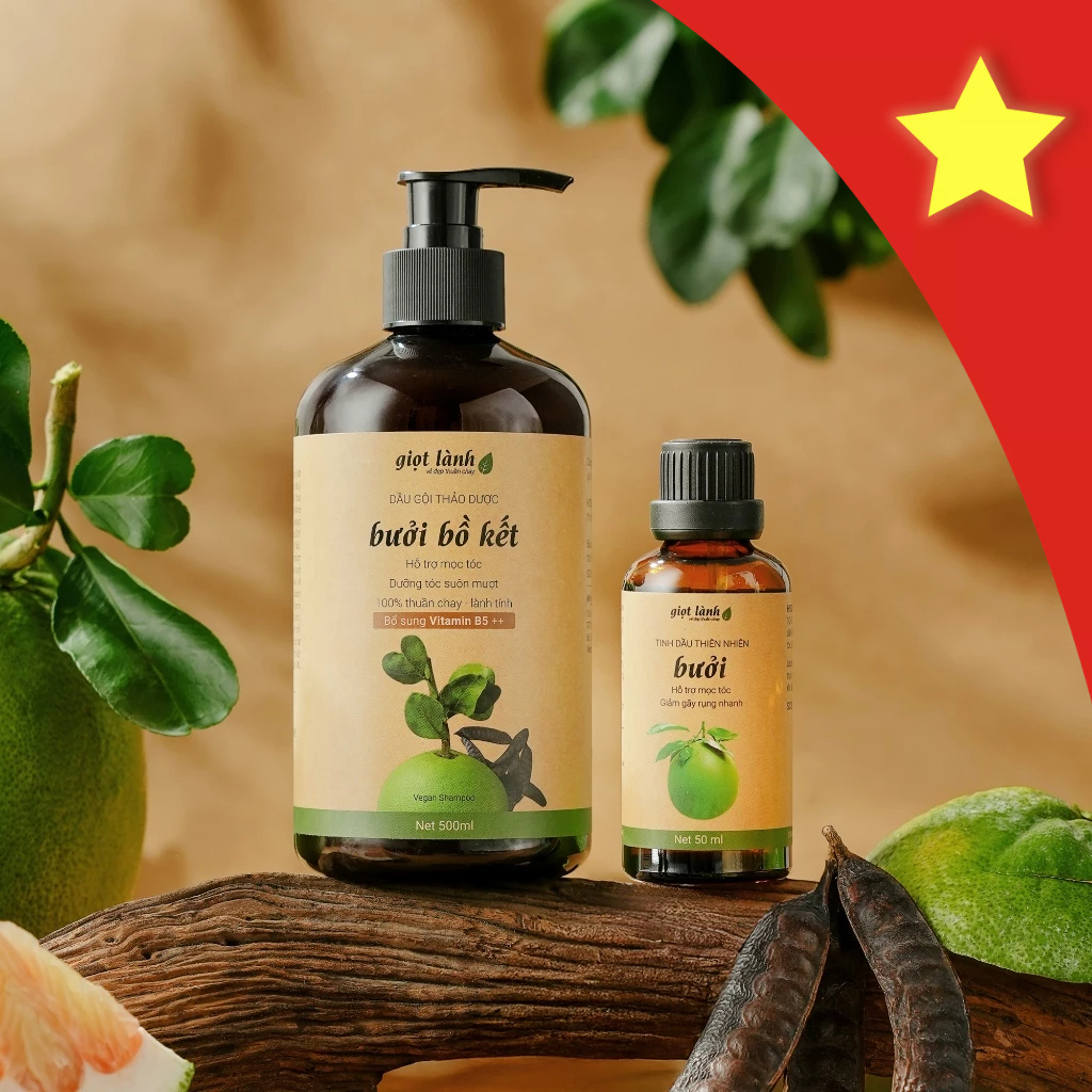 Bộ Dầu gội bồ kết và Tinh dầu bưởi nguyên chất - hỗ trợ kích mọc tóc, giảm rụng tóc Giọt Lành