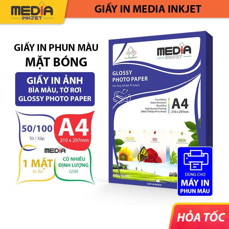 Giấy In Ảnh Media A4 1 Mặt Bóng Giấy In Media Photo Glossy Paper Giấy Bóng In Phun Màu Nhiều GSM