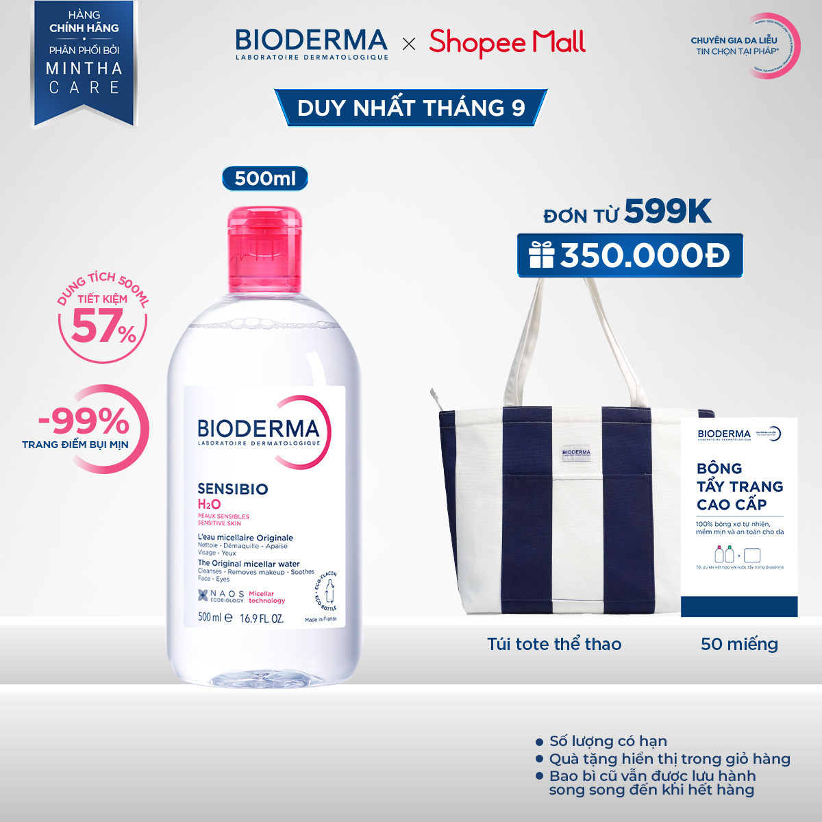 Dung dịch làm sạch và tẩy trang công nghệ Micellar cho da thường & nhạy cảm Bioderma Sensibio H2O - 500ml