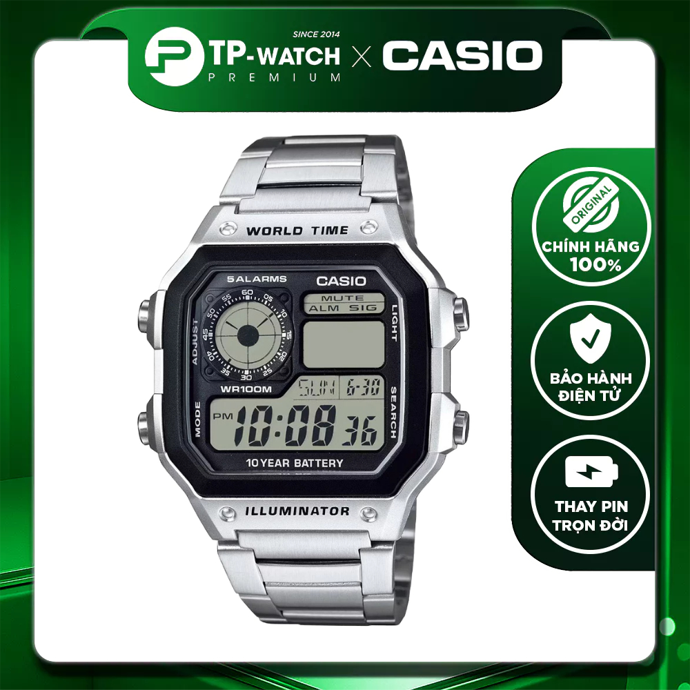 Đồng hồ nam dây thép Casio AE-1200WHD-1A Pin 10 năm - Chống nước 100m | Casio nam AE-1200WHD-1AVDF