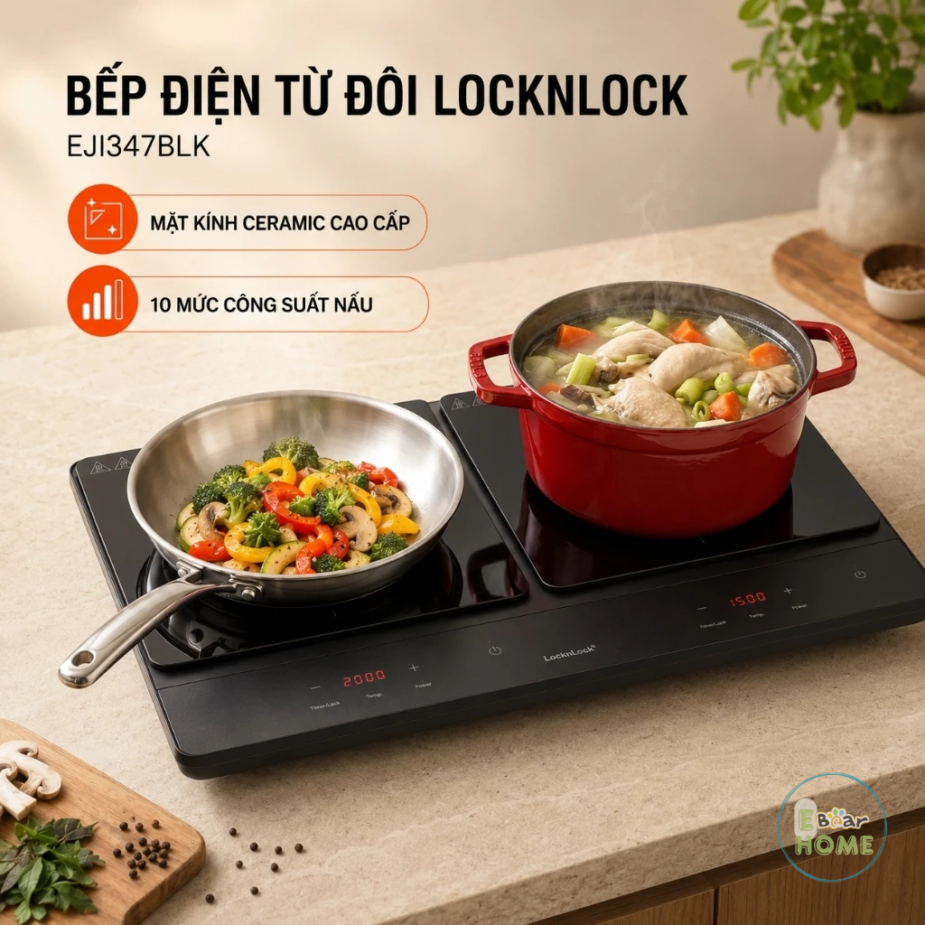 Bếp Điện Từ Đôi Locknlock Dual Induction Cooktop EJI347BLK Mặt Kính Ceramic Cao Cấp Với 10 Công Suất