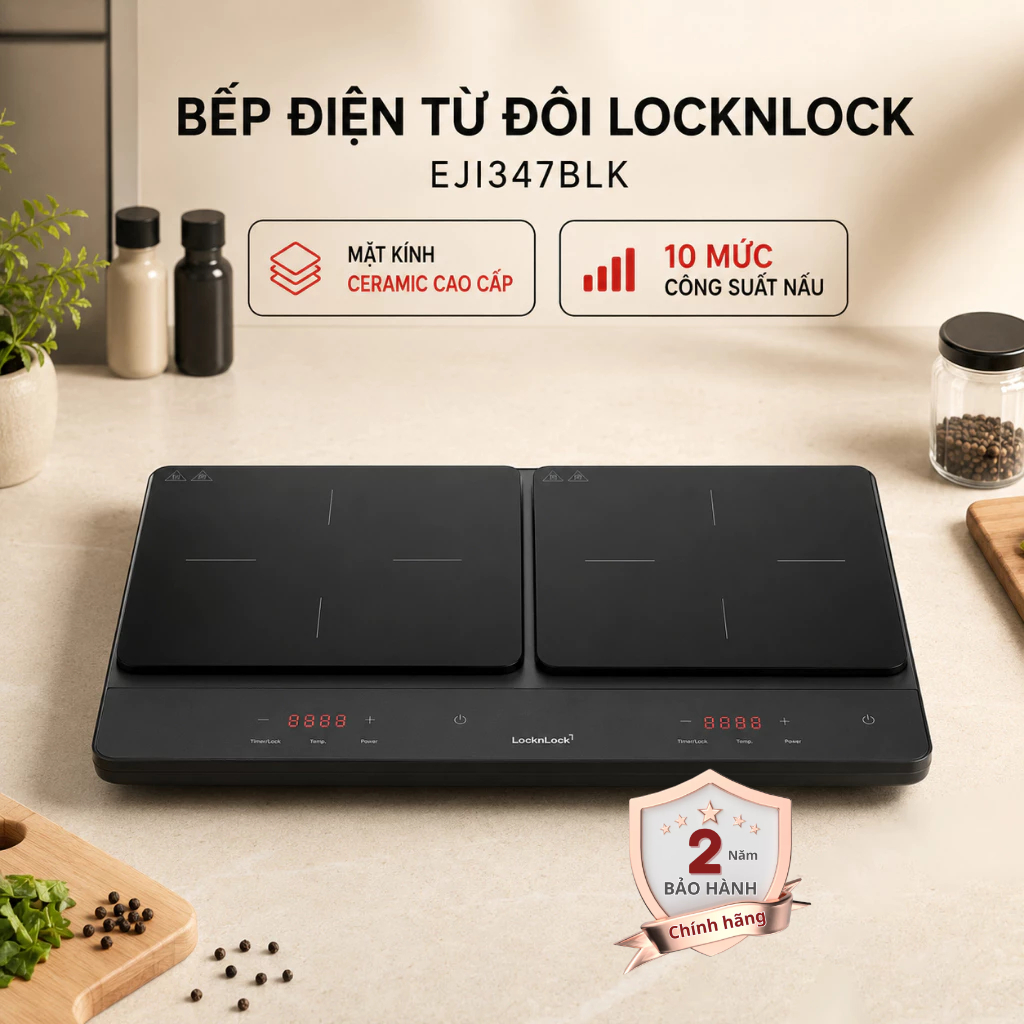 Bếp điện từ đôi Locknlock Dual Induction Cooktop EJI347BLK mặt kính Ceramic cao cấp 10 mức nhiệt hệ 
