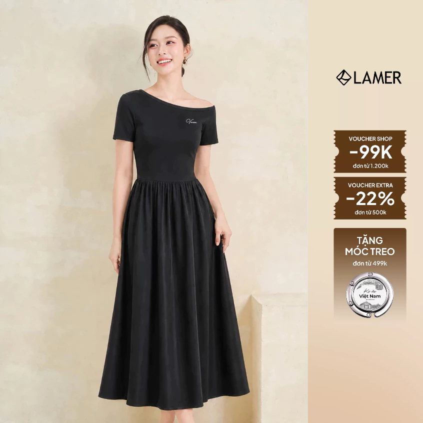 Đầm Dáng Xòe LAMER FASHION Cộc Tay Lệch Vai Cotton O63L26H009