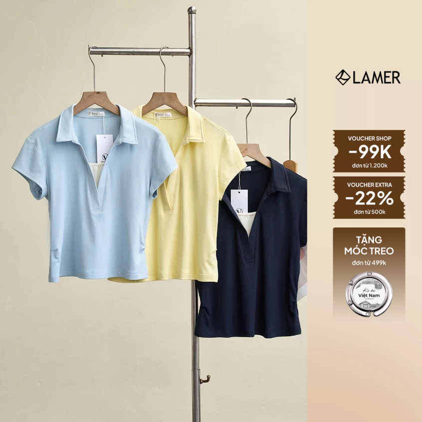 Áo Thun Nữ LAMER FASHION Cộc Tay Cotton Hè Cổ Bẻ Ôm Eo Công Sở O61B26H028