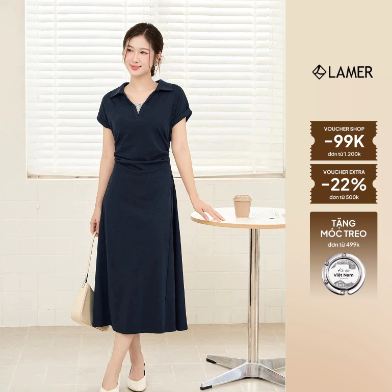 Đầm Dáng Suông LAMER FASHION Công Sở Vai Chờm Cổ Bẻ Nhún Eo O63T26H028