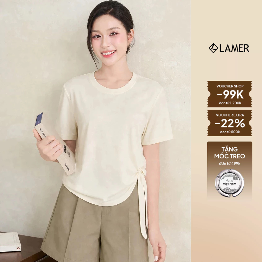 Áo Thun Nữ LAMER FASHION Cộc Tay Chất Cotton Nhún Gấu Buộc Nơ O61S26H024