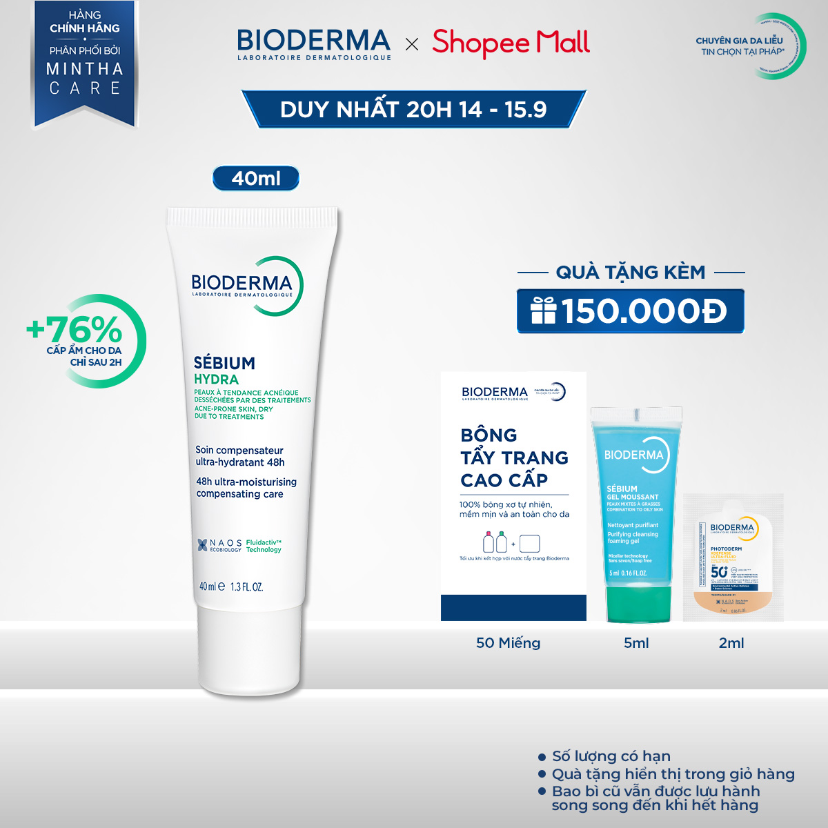Kem dưỡng ẩm giảm khô căng, bong tróc cho da mụn Bioderma Sebium Hydra - 40ml