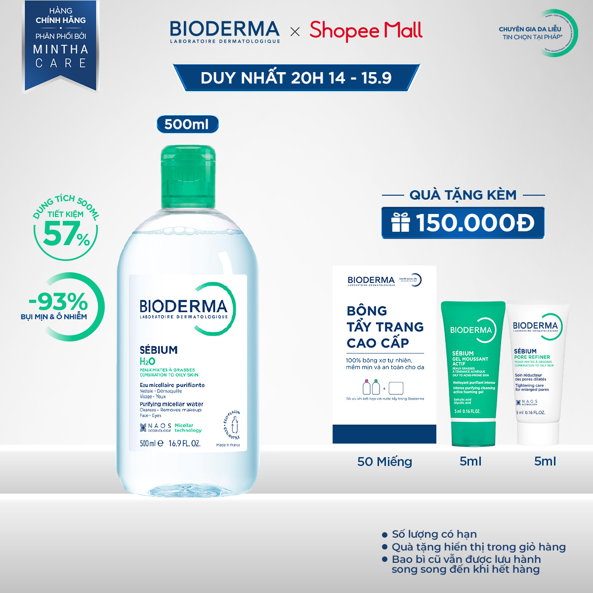 Dung dịch làm sạch và tẩy trang công nghệ Micellar cho da hỗn hợp, da dầu, và da mụn Bioderma Sebium
