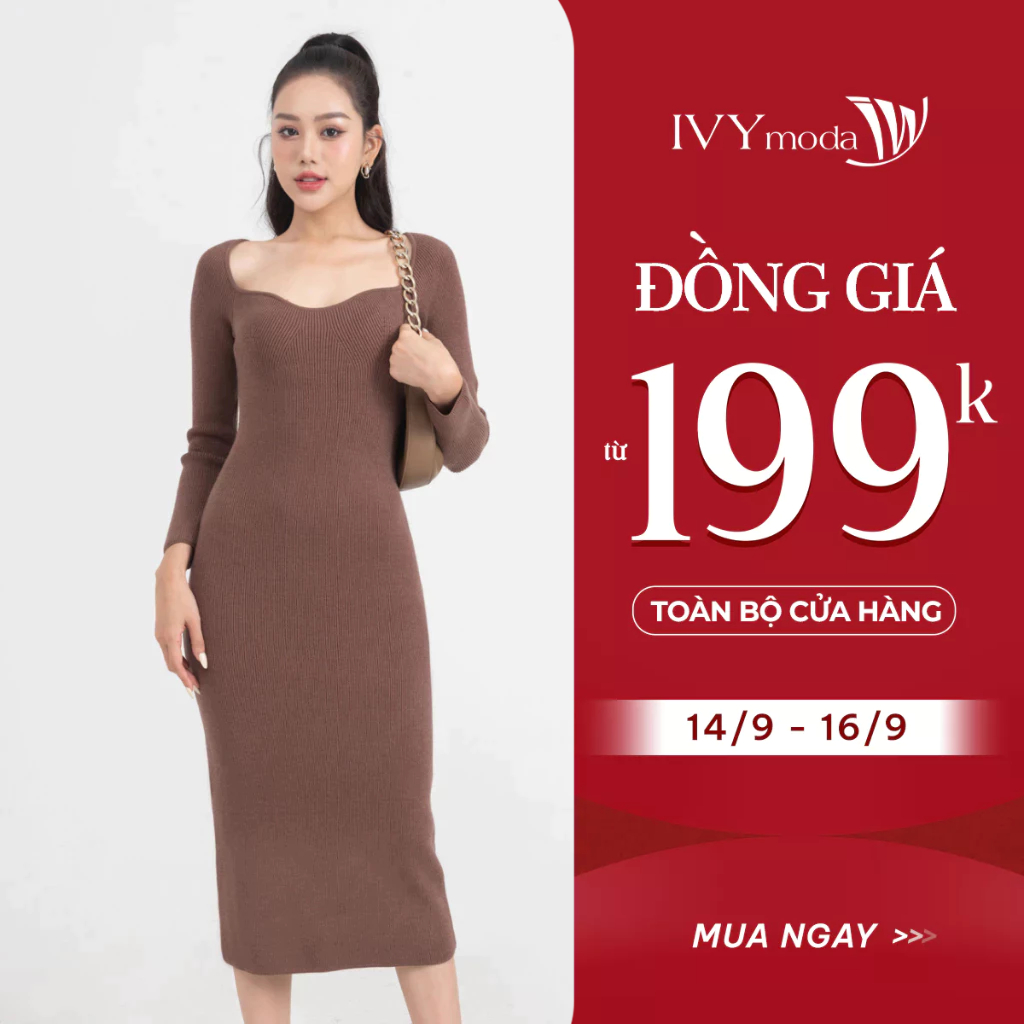 Đầm len cổ cách điệu nữ, đầm len ôm body dáng dài IVY moda MS 42M7837