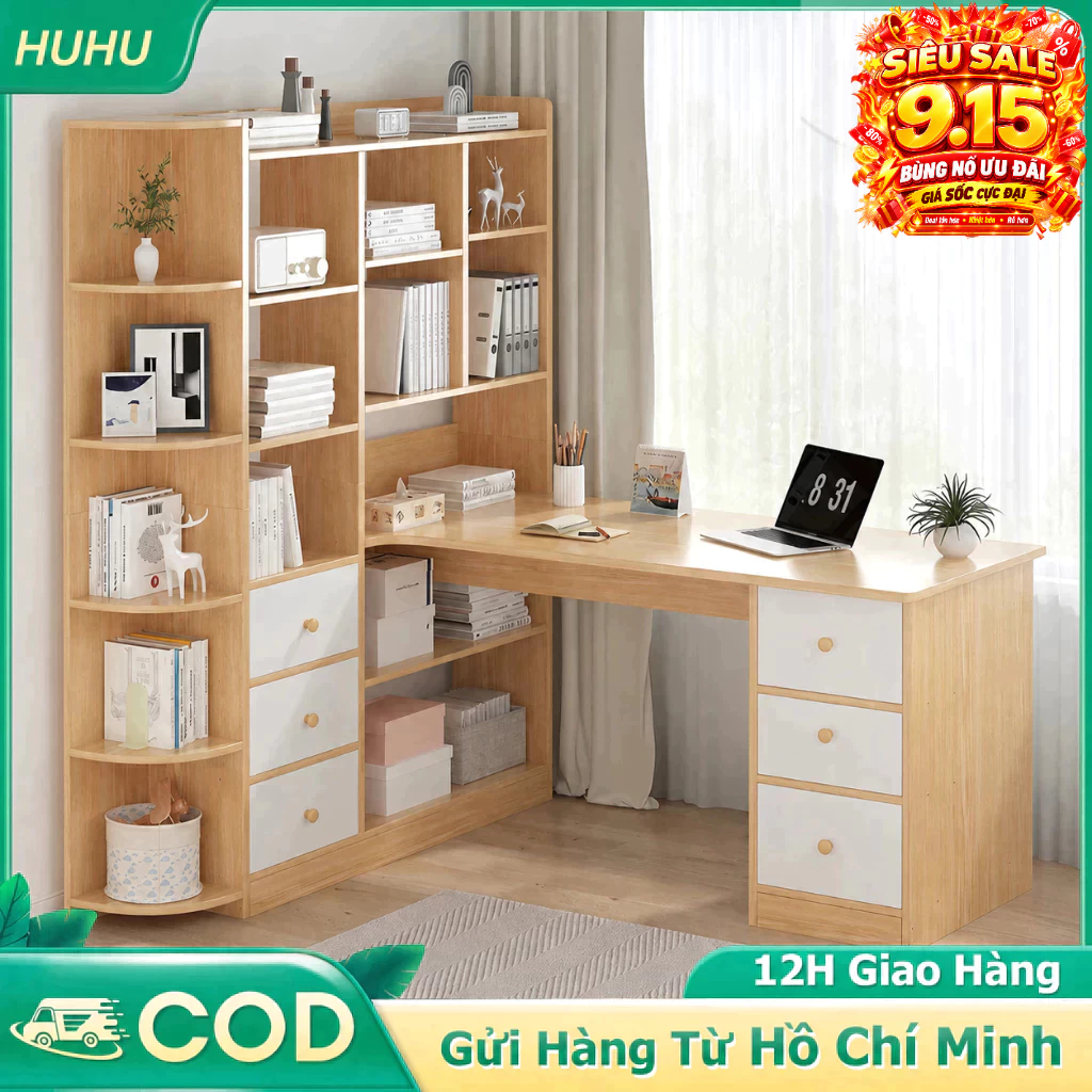 HUHU Bàn vi tính văn phòng kèm kệ sách gỗ có hộc+ hộc làm việc cao cấp hiện đại