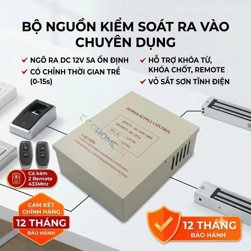 Nguồn Kiểm Soát Ra Vào 12V 5A Hộp Sắt Có Trễ (Delay 0-15s) – Dùng Cho Khóa Từ, Khóa Chốt, Khóa Điện Cơ