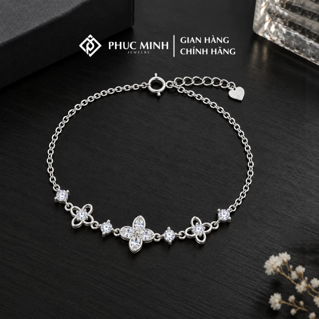 Lắc tay bạc nữ PMJ vòng tay họa tiết cỏ 4 lá đính đá đan xen phụ kiện trang sức Phúc minh Jewelry