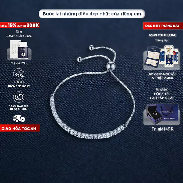 Lắc chân bạc rút chuỗi đá trơn Zircon Asimi Gem Rope LC03