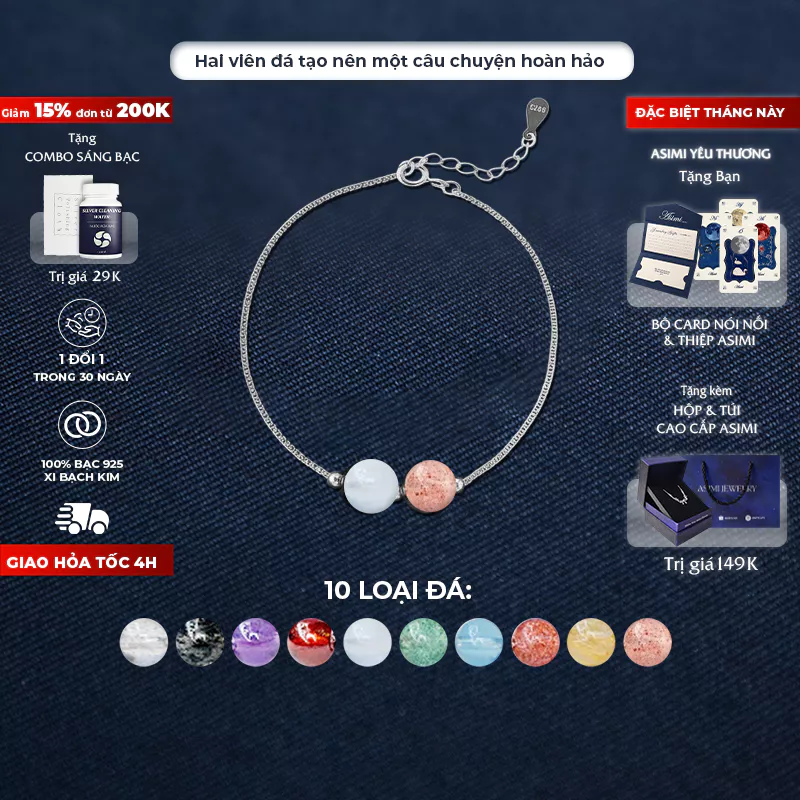 Lắc tay bạc Ý Đôi Đá Năng Lượng Duo Gem Soul LT55 1
