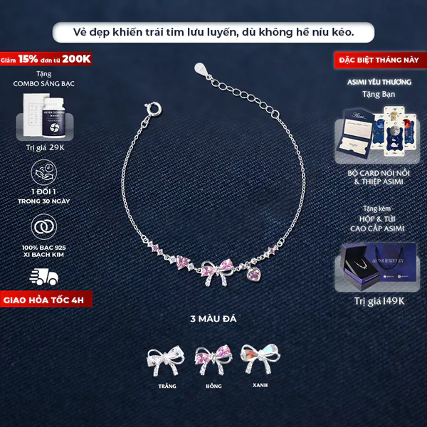 Lắc tay bạc nữ S925 Nơ Hồng Daisy Asimi Daisy Rosie Love LT57