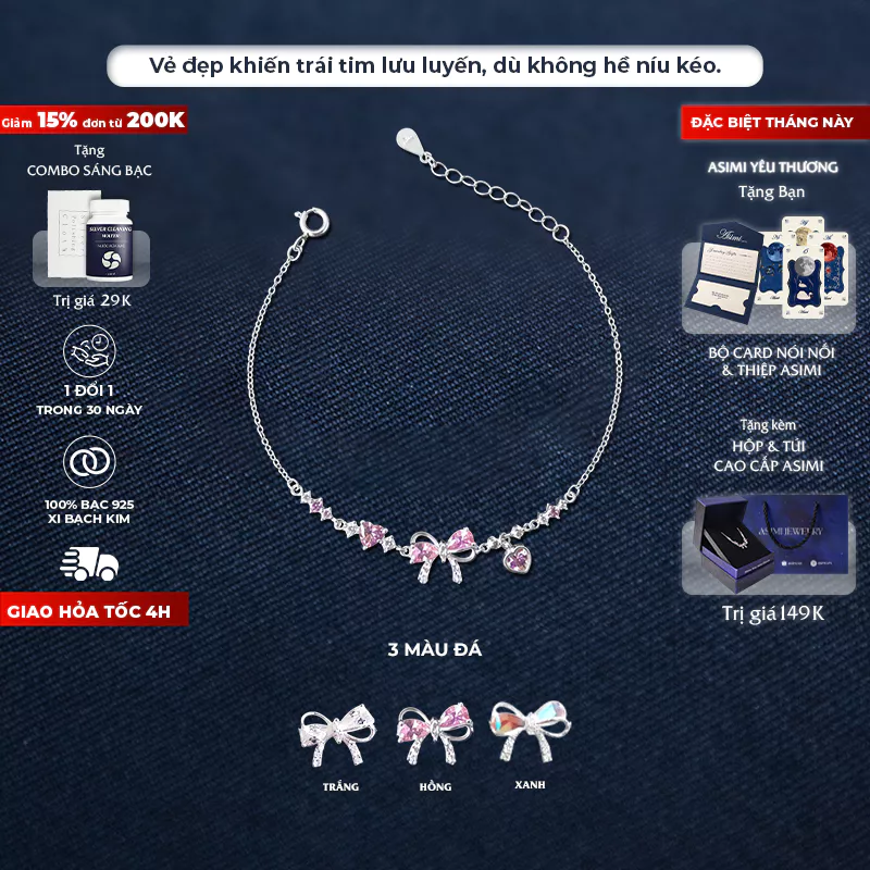 Lắc tay bạc nữ S925 Nơ Hồng Daisy Asimi Daisy Rosie Love LT57 1