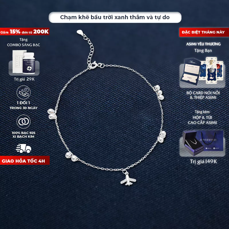 Lắc chân bạc nữ Máy bay Asimi Amelia Sky LC12 1